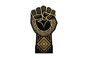 Raised fist silhouette with intricate golden tribal patterns, symbolizing strength and unity Black History Month vector