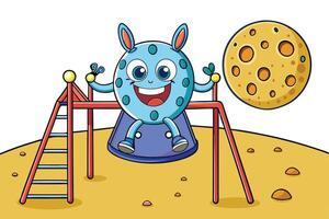 Cartoon alien with big ears having fun on a playground, surrounded by bright colors and whimsical designs for children vector