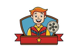 Cartoon style movie icon featuring a happy character with a film reel and colorful design on a white background vector