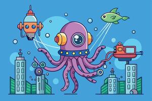 Innovative robot octopus equipped with unique tools on each tentacle, surrounded by submarines, fish, and a futuristic ocean city vector