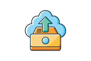 Colorful cartoon style cloud upload icon with an upward arrow symbolizing data transfer and cloud storage on a white background vector