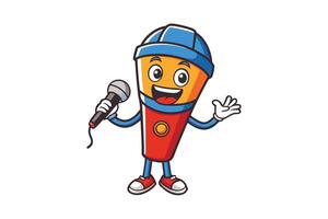 Cartoon style microphone character holding a mic, designed for karaoke, singing, or entertainment related themes in a playful graphic style vector