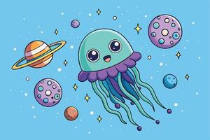 Adorable cosmic jellyfish floating in space surrounded by vibrant planets, stars, and colorful celestial objects in a whimsical universe vector