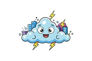 Adorable smiling cloud with lightning bolts and animated cityscape in a whimsical, colorful cartoon design vector