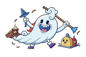 Adorable cloud shaped ghost with a flowing tail, holding creative tools in a lively and colorful cartoon illustration vector