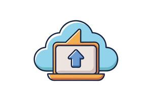 cartoon upload symbol with a laptop, upward arrow, and cloud design, representing cloud computing and data sharing vector