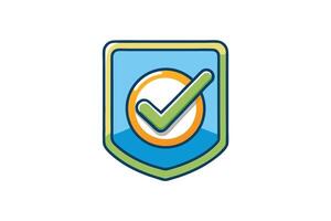 Cartoon illustration of a verification check mark badge icon in blue and green color scheme for authentication or approval themes vector
