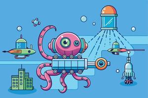 Advanced robotic octopus in a vibrant underwater environment, showcasing sci fi design and multi functional tentacles in action vector