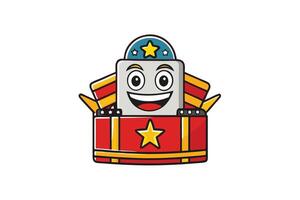 Cartoon movie icon with a smiling character, film reel design, and a decorative red banner on a white background vector