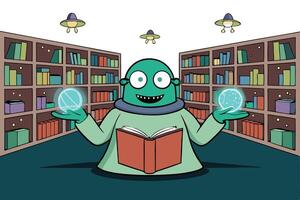 Chubby green alien librarian reading a book with glowing hands in a futuristic library filled with colorful books and creative elements vector