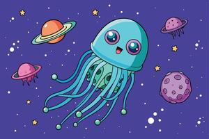 Cartoon jellyfish like space creature with translucent tentacles exploring a fantastical galaxy with planets, moons, and glowing stars vector