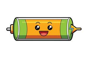 Illustration of a cheerful battery with a full green charge, smiling face, and lightning symbol in a minimalistic design vector