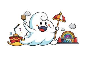 Mischievous cloud like ghost character engaging in fun adventures with bright colors and animated expressions in a fantasy setting vector