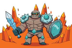 Fantasy stone hero with crystal formations and a shield, standing amidst fiery rocks in a vibrant and mystical volcanic terrain vector