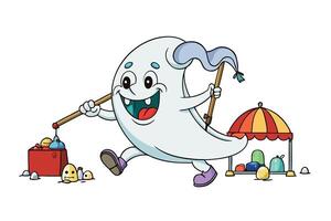 Playful cloud shaped ghost carrying colorful tools and enjoying a festive activity in a whimsical and cheerful cartoon style scene vector