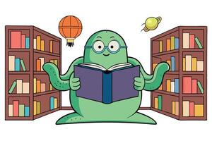 Four armed alien librarian in glasses holding an open book, surrounded by bookshelves and floating objects in a fantasy library scene vector