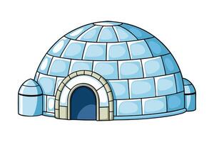 Cartoon style igloo illustration featuring a snow covered dome and ice blocks in blue shades on a white background vector