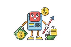 Colorful flat design of fixed costs mascot, representing financial stability, budget planning, and economic analysis with coins and tools vector