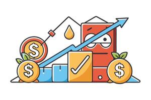 Flat illustration of financial analysis, cost reduction, and economic growth represented with colorful icons and charts vector