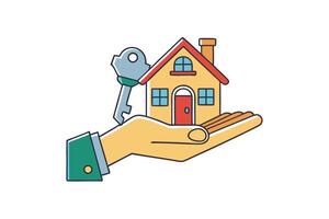 cartoon of a hand presenting a house and a key, representing home purchase, property sales, or real estate transactions vector