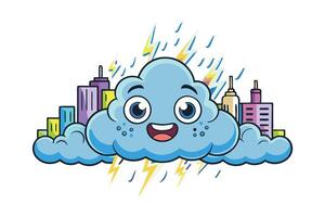 Cheerful cartoon cloud character with a mischievous smile bringing life to a cityscape with lightning and vibrant details vector