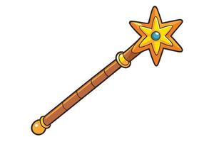 Cartoon style wand icon with a star design, sparkling accents, and playful details, ideal for storytelling, enchantment, and magical content vector