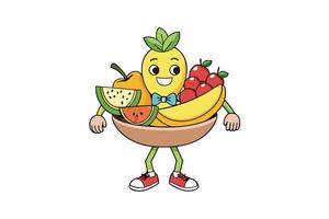 Playful fruit bowl character with hands and legs, dressed in shoes and bowtie, carrying a mix of tropical and fresh fruits in a fun style vector