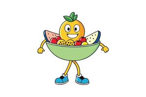 Humanoid fruit salad with a happy expression and colorful fruits like watermelon, bananas, and strawberries in a creative cartoon design vector