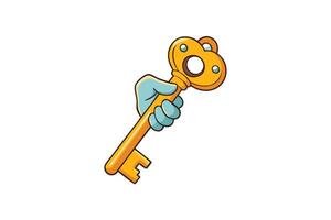 Cartoon illustration of a hand holding a shiny golden key, symbolizing success, opportunity, and unlocking possibilities on a white background vector