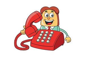 Smiling vintage telephone cartoon character holding a receiver with red and white design, vibrant retro style vector