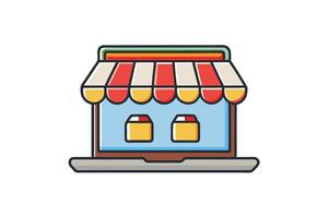 graphic of an e commerce store concept featuring a laptop with a storefront awning and digital shopping bag, clean and minimal design vector