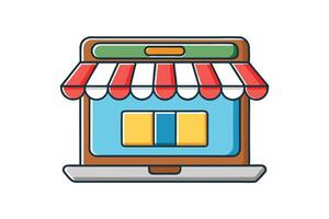 Digital illustration of an online shopping icon showing a laptop storefront with a red and yellow awning, ideal for retail or e commerce themes vector