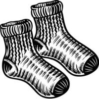 Rustic hand drawn woolen socks with detailed knit patterns, ideal for cozy winter apparel, clothing design, or vintage style themes vector