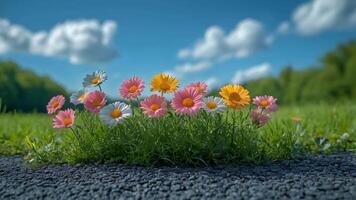 A bunch of white and colorful daisies on the road grass swaying in the wind video