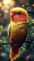 A colorful parrot sitting on a leafy tree branch, raining video