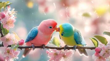 Pair of parakeets with different colors, perched on a tree branch video