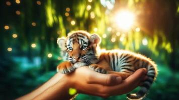 Tiger cub lying in the palm of a person's hands video