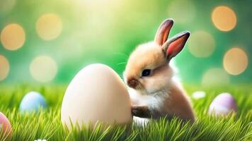 ein wenig Hase Nächster zu bunt Ei im das Feld. Ostern Zeit video