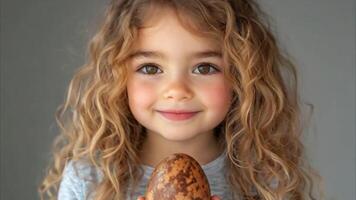Portrait of a beautiful child with a chocolate easter egg in his hands video