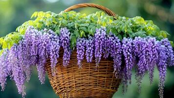Detail of basket with purple wisteria with flowers hanging video