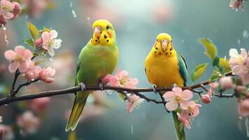 Parakeets perched on a tree branch video