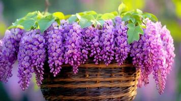 Detail of a basket with purple wisteria with flowers hanging video