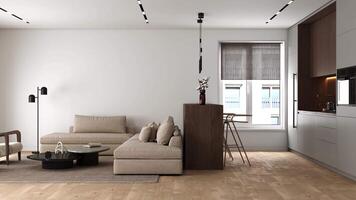 Modern minimalist living room with an open kitchen, blending style and functionality. High quality 4k footage video