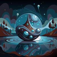 Abstract cosmic sphere floating in a mystical dark blue universe with swirling water elements vector