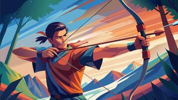 Skilled Archer Aiming His Bow in a Serene Forest Setting vector