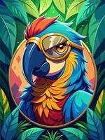 Stylish Parrot with Monocle and Feathers in a Tropical Setting vector