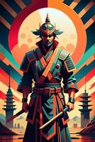 Samurai Warrior in Traditional Armor Standing Proudly Against a Backdrop of Pagodas and Mountains vector