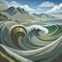 Impressive Sea Wave Surging Towards the Coast with a Beautiful Mountain Scene vector