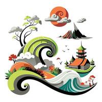 Epic Wave Surge Devastating Beautiful Countryside with Green Trees vector