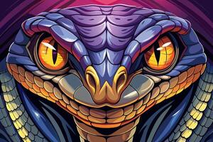 Detailed illustration of a fierce snake with glowing eyes and blue scales in a fiery setting vector